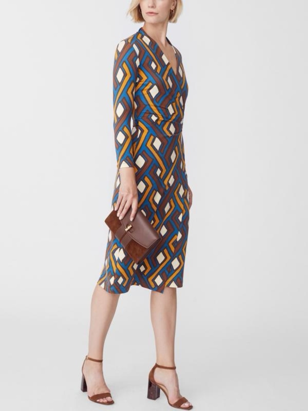 J. McLaughlin Geometric Wrap Dress in Blue, Brown & Cream